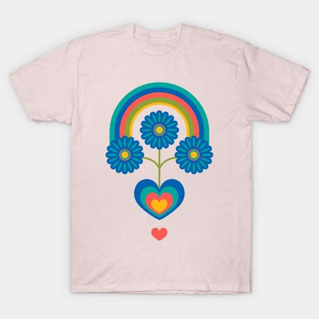 UNDER THE RAINBOW Folk Art Mid-Century Modern Scandi Floral With Flowers and Hearts on Pink - UnBlink Studio by Jackie Tahara T-Shirt by UnBlink Studio by Jackie Tahara